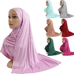 Cotton Jersey Muslim Long Scarf With Rhinestones Modal Women Headscarf Islamic Hijab Shawl Arabic Rectangular Headwrap Headwear