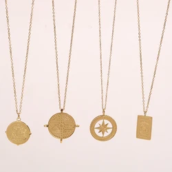 Stainless Steel 18K Gold Plated North Star Sun Lion Fortune Compass Coin Signet Pendant Necklace for Women Girl Jewelry Gift