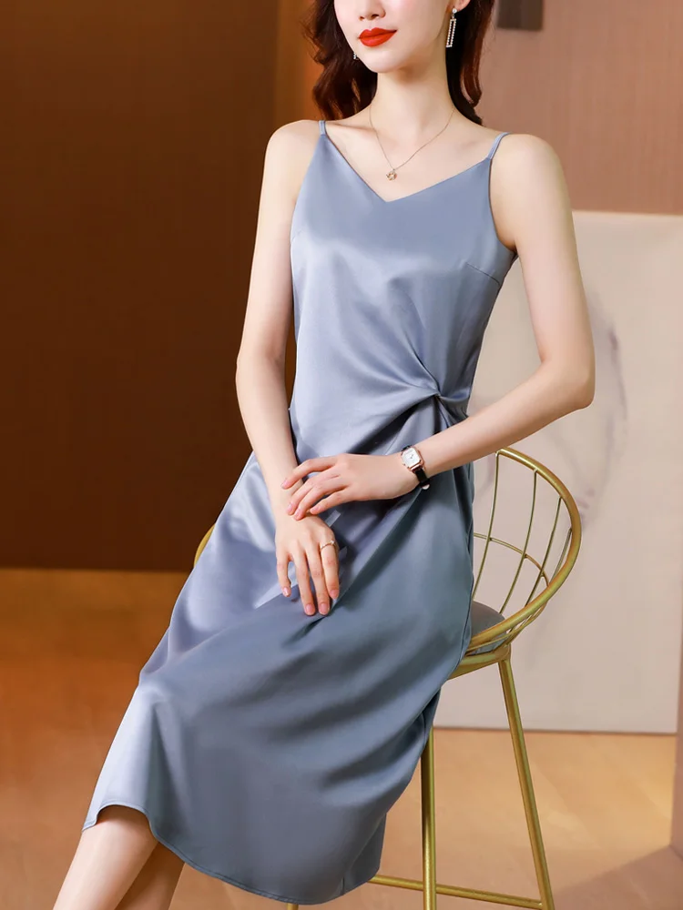 

Платье женское атласное с V-образным вырезом, Модное Длинное мягкое гладкое, на лето, 2021