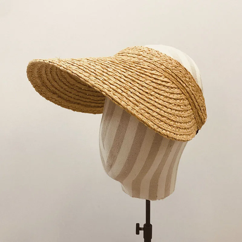 New Fashion Wide Brim Raffia Sun Visor Hat for Women Straw Hat Ponytail Summer Beach Hat UV Packable Travel Derby Hat