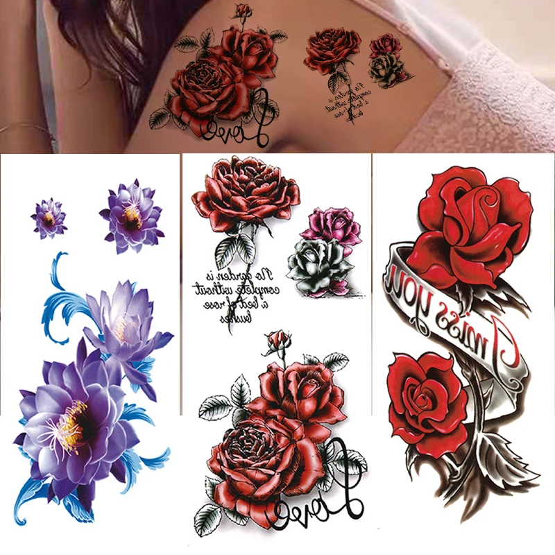 Autocollant de Tatouage Temporaire Étanche pour Femme, 3 Pièces, Fleur, Rose, Flash, Papillon, Dentelle, Art Corporel, Bras, Mode, Fausse Manche