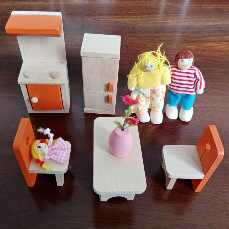 Wooden Dollhouse Colorful Miniature Furniture Set With Dolls Education House Play Toys For Kids Christmas Gifts