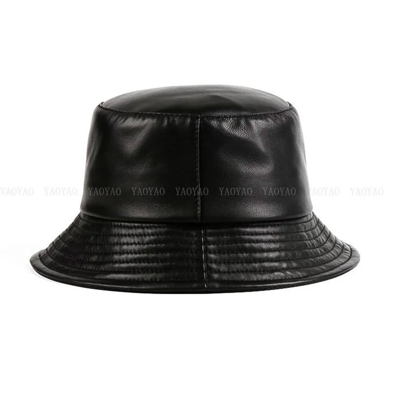 Genuine Leather Bucket Cap Men Korean Kpop Jungkook 2023 Spring Unisex White Fisherman Sun Hat Male Streetwear Black Basin Hats