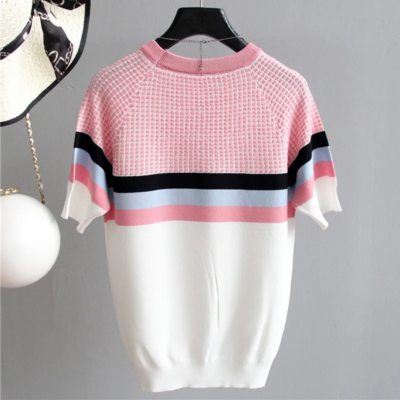 2023 NEW vintage casual summer Striped Sweater pullovers Women o-neck shor Sleeve big size sweater high quality female top