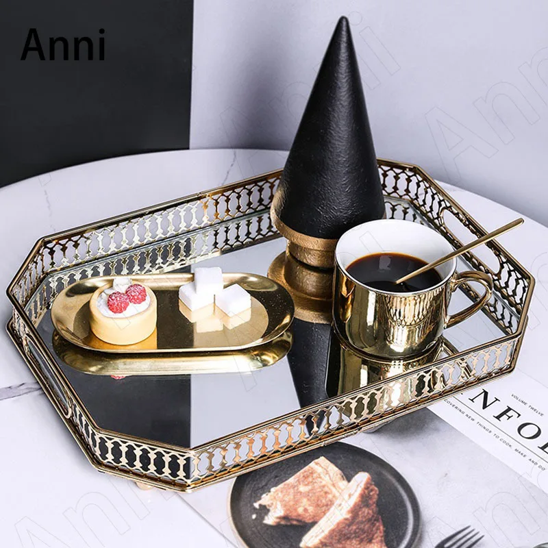 

Creative Hollow Glass Mirror Tray Decorative Nordic Modern Living Room Coffee Table Round Tea Cup Wine Set Storage Display Tray