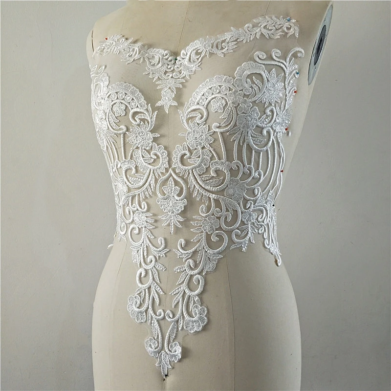 1Pc Long Clear Sequins Ivory Embroidery Body Lace Flower Patch Wedding Evening Dress Decorative Material Accessory