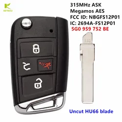 KEYECU Zamienny inteligentny klucz zdalnego sterowania 4B 315MHZ Megamos AES do Volkswagen Golf 2015-2019 PN: 5G0 959 752 BE / NBGFS12P01