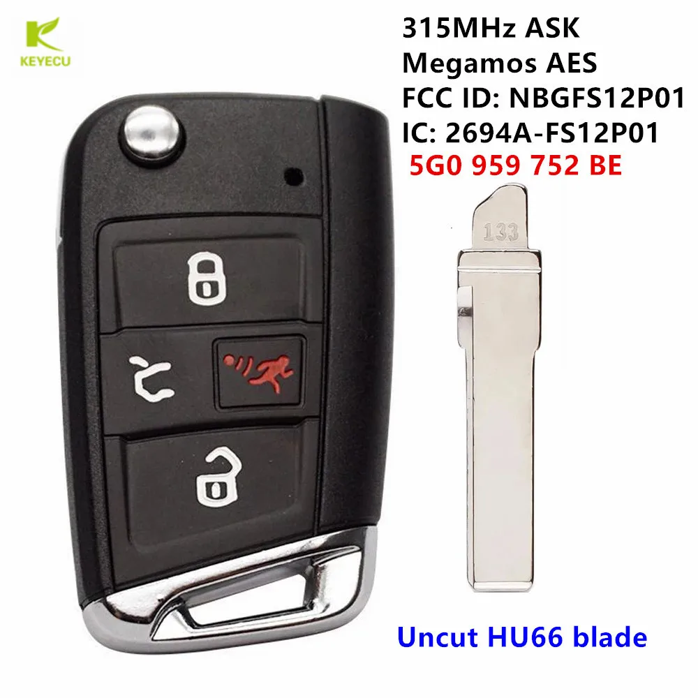 KEYECU Replacement Keyless Smart Remote Key 4B 315MHZ Megamos AES for Volkswagen Golf 2015-2019 PN: 5G0 959 752 BE / NBGFS12P01