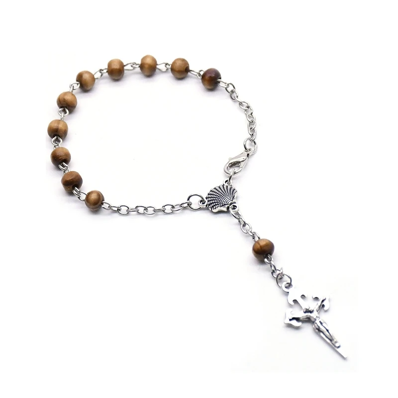 QIGO Religious Pray Jewelry Brown Wood Beads Rosary Bracelet Vintage Cross Bracelet For Men Women With Mini Box