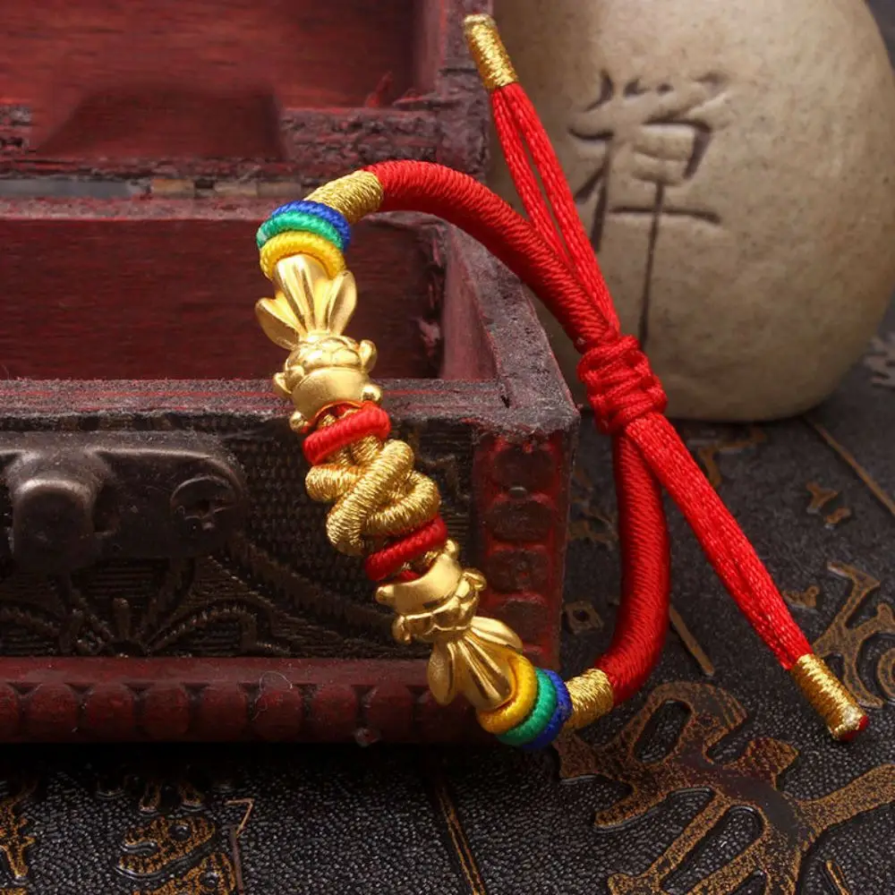 Genuine 24K Yellow Gold 2pcs Fish Beads with Red Cord Bracelet Length from 5