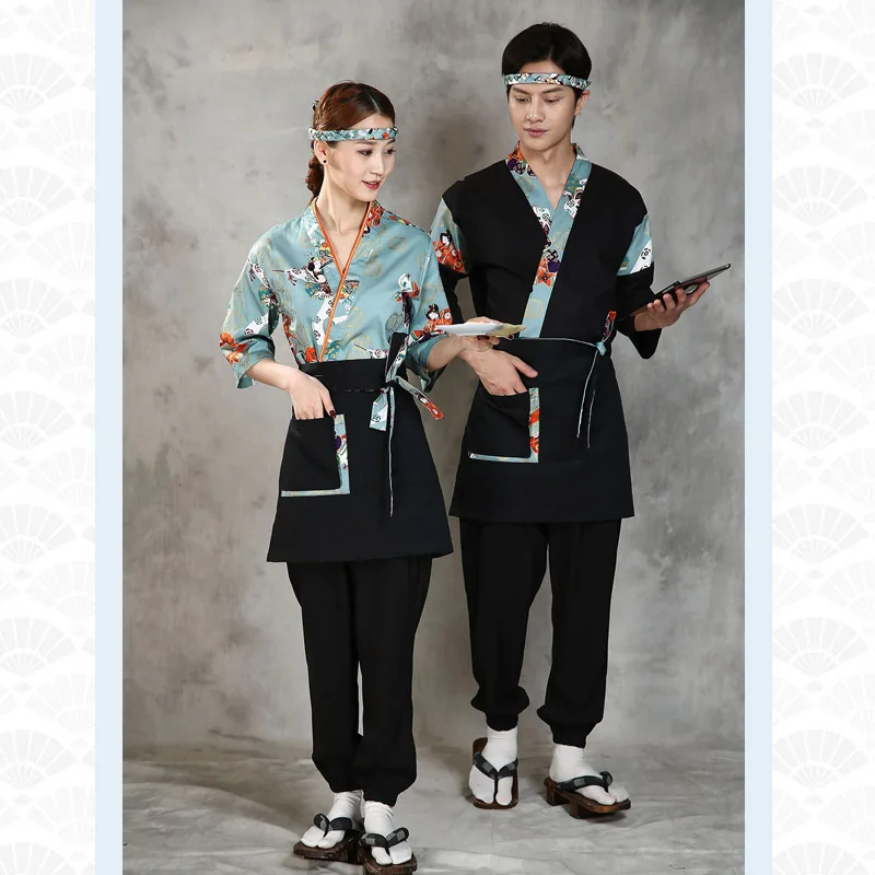 NEW Unisex Kimono Nhật Bản Áo Liền Quần Nhà Hàng Sushi Đầu Bếp Đồng Phục Nấu Quần Áo Bảo Hộ Lao Động Giữa Tay