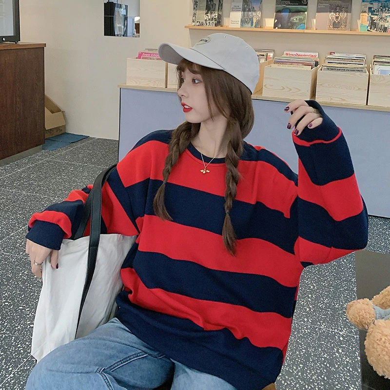 Fall Vintage Striped Long Sleeve Women T Shirts Korean Fashion Casual Harajuku Warm Oversized Streetwear Tops Black Yellow Green