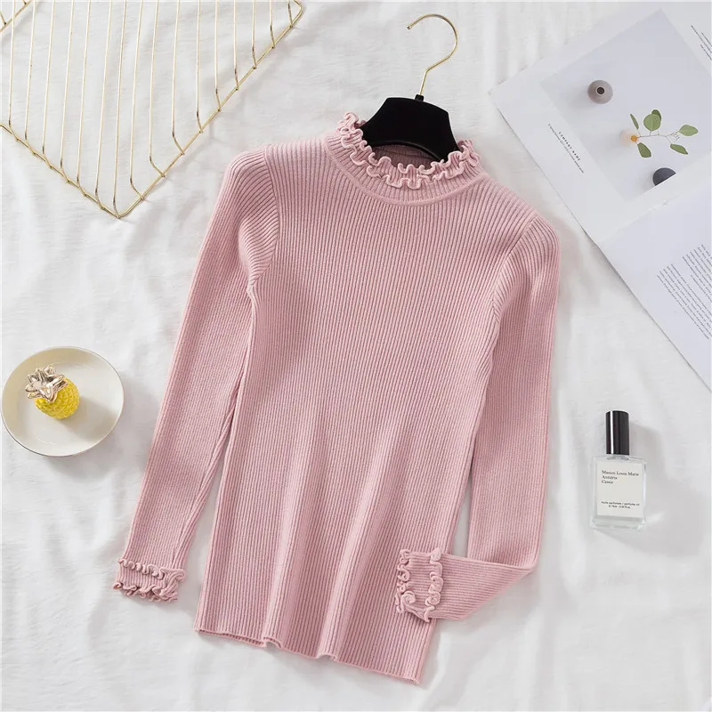 Half Turtleneck Ruffles Women Sweaters High Elastic Slim New Autumn Winter Female Sweater Long Sleeve Knitted Pullover Tops