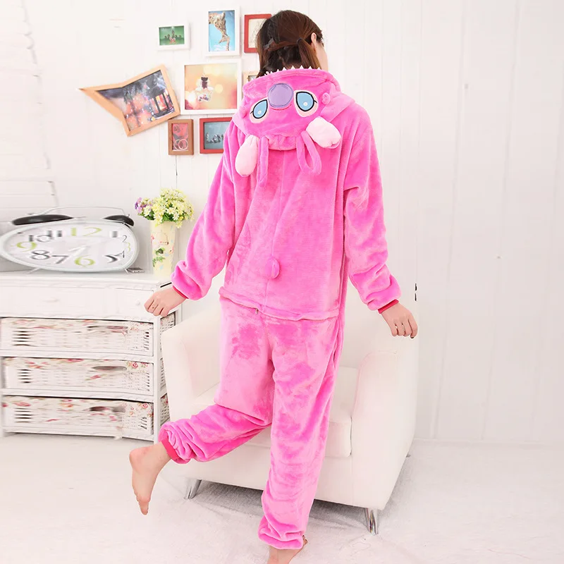 stitch pyjamas pink blue women winter warm flannel cartoon animal pajamas sets cute adults sleepwear nightie onesie