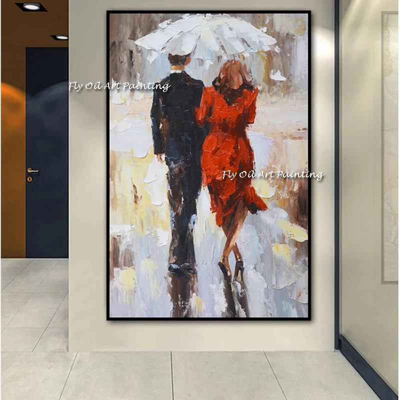 Museum Quality Painting Decoration Abstract Couples Walking Under Umbrella Hand Oil Painting Wall Canvas Art Decoration No Frame