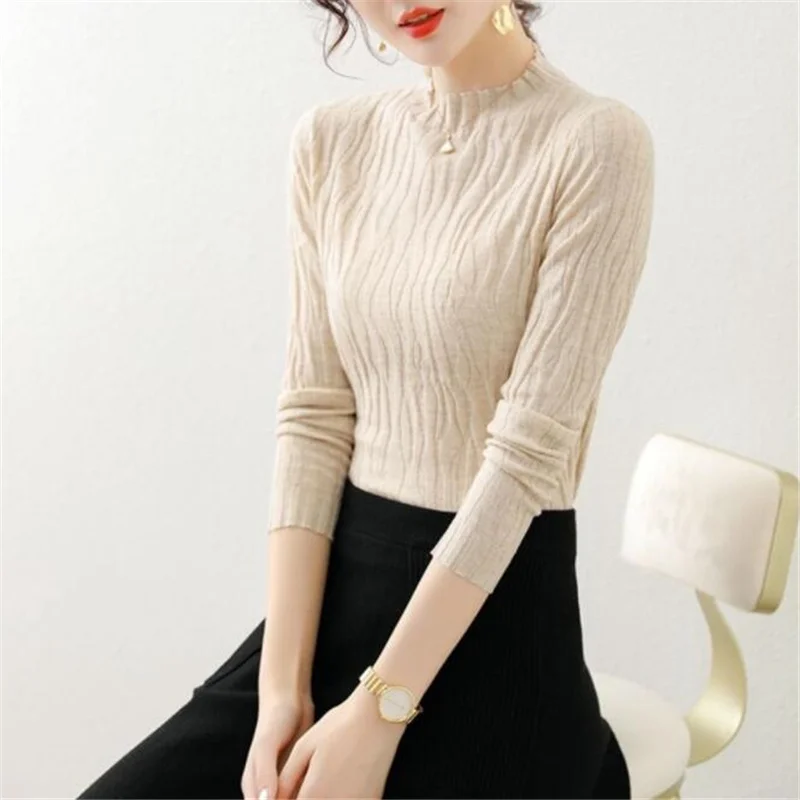 

Corrugated Knitwear Sweater Women Half high neck Jumper Tops Autumn Winter inner Sweater Bottoming Pullover Knitted Sweater