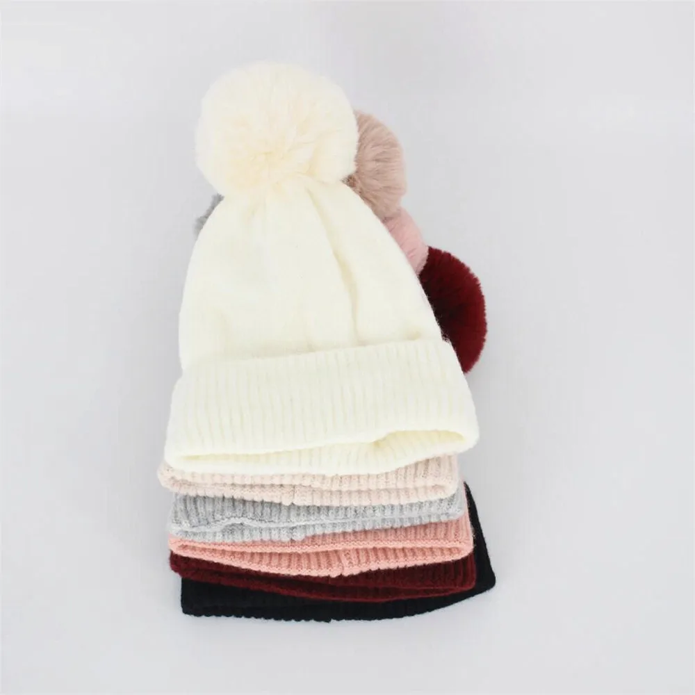 Faux Fur Pompom Beanie for Women 2020 New Knit Pink Winter Hat Girls White Cashmere Slouchy Beanie