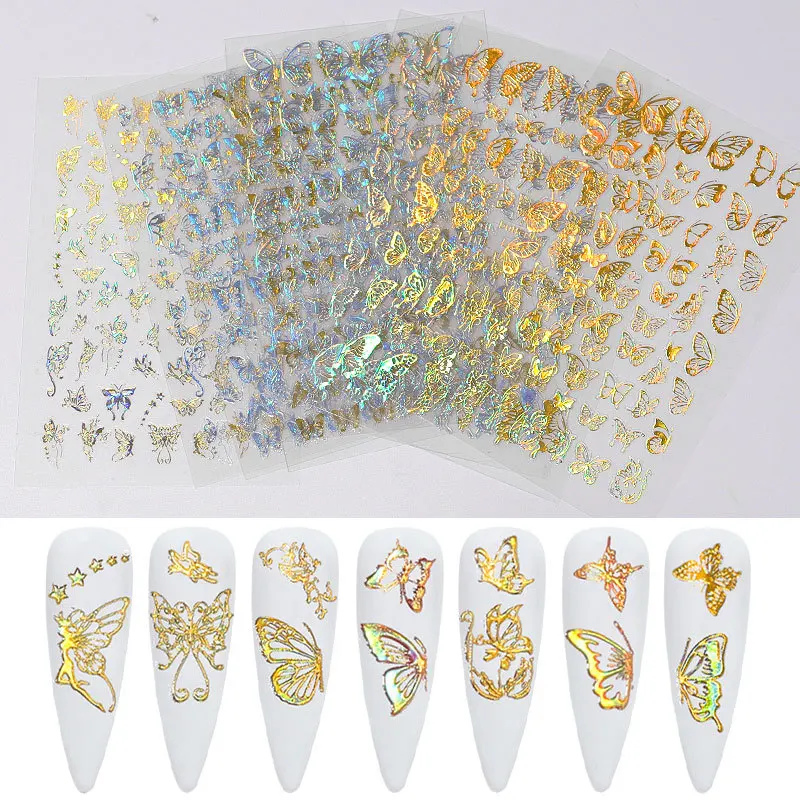 Nail Stickers 1Sheets 3D Butterfly Adhesive Sliders Colorful DIY Golden silver Nail Transfer Decals Foils Wraps Decorations