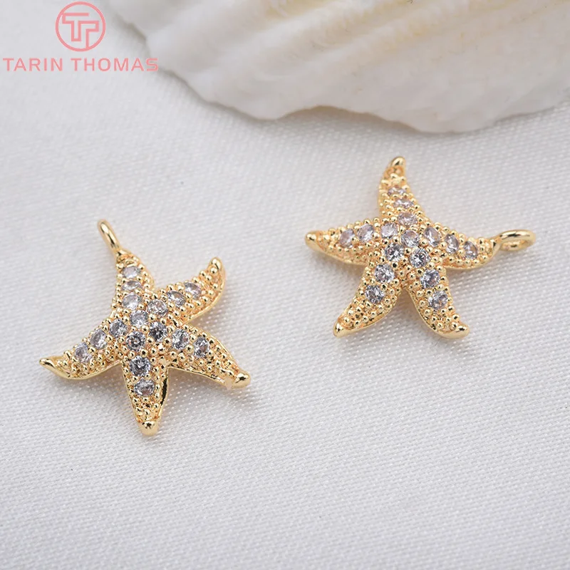 (1424) 4PCS 14x13MM 24K Gold Color Brass and Zircon Starfish Charms Pendants High Quality Diy Jewelry Findings Accessorie