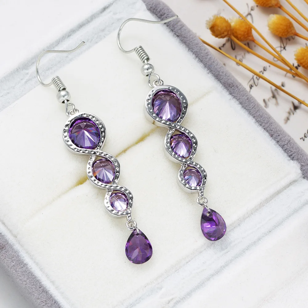 New Trendy Female Jewelry 925 Silver Needle Stackable Round Circle Long Tassel Purple Zircon Crystal Earrings For Women Gift