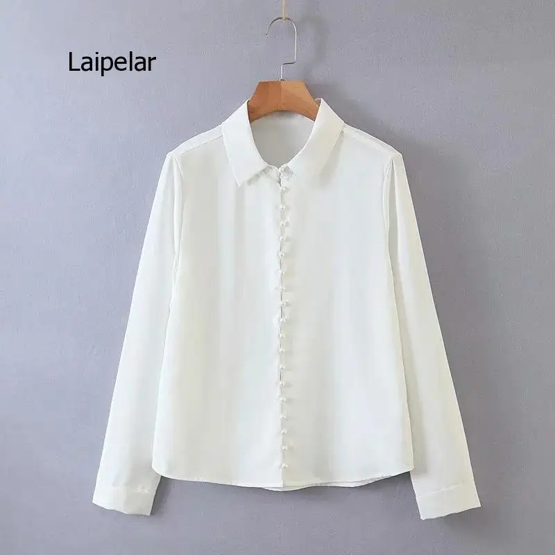 Chemisier col roulé à manches longues pour femmes, élégant, blanc, bureau, décontracté, couleur unie, simple boutonnage, manches bouffantes, 2021