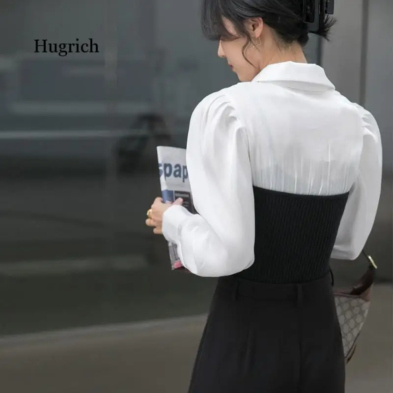 2021 Korean Spring New Simple Fashion Lapel Fake Two Slim Stitched Knitted Long Sleeve Shirt