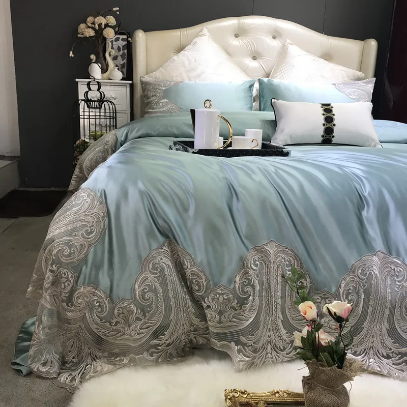 

Luxury Smooth Lace Cotton Bedding Set, European Royal Palace Style Egyptian Cotton Duvet Cover, High-end Flat Sheet Bedspreads