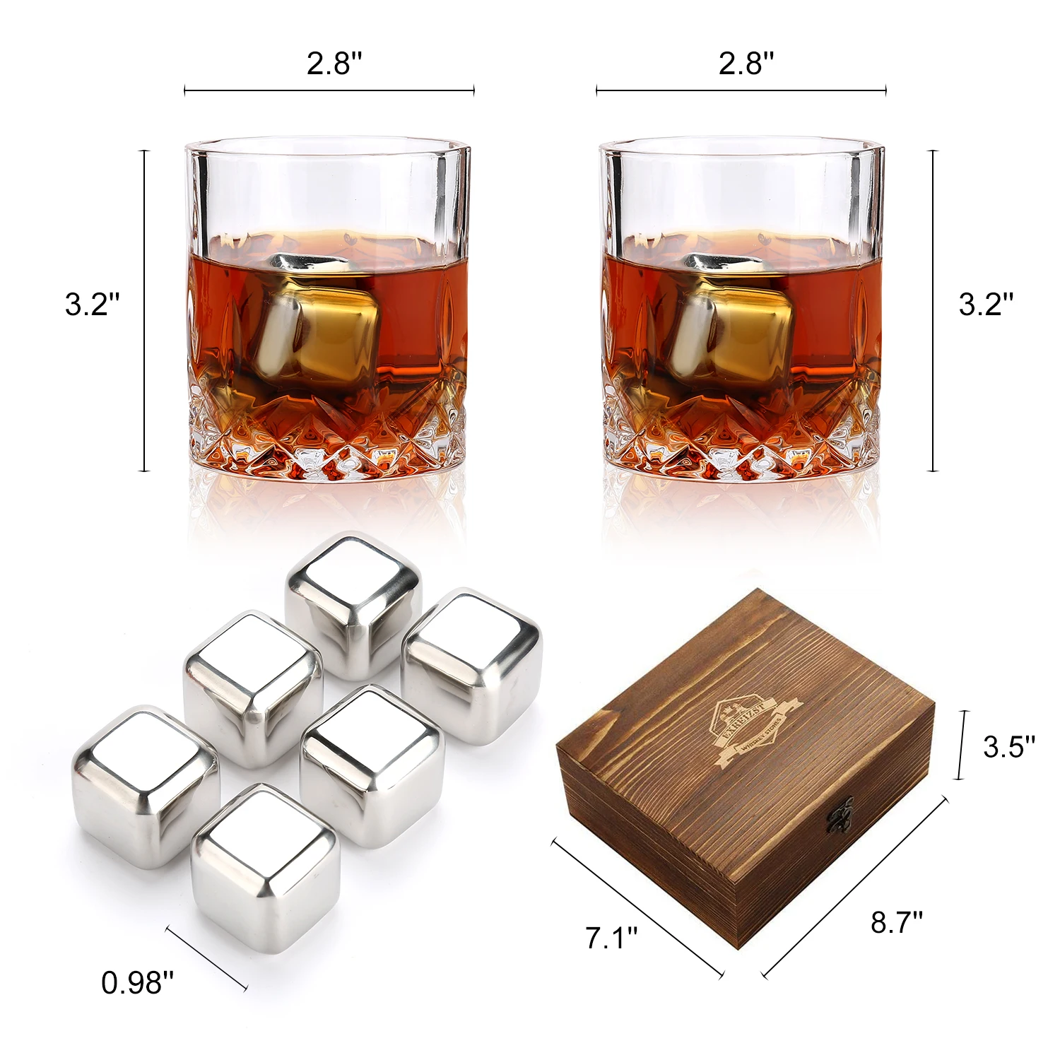 Whiskey Stones and Glasses Set, Steel Ice Cubes for Whisky, Whiski Chilling Rocks in Wooden Box, Gift for Dad, Husband, Men