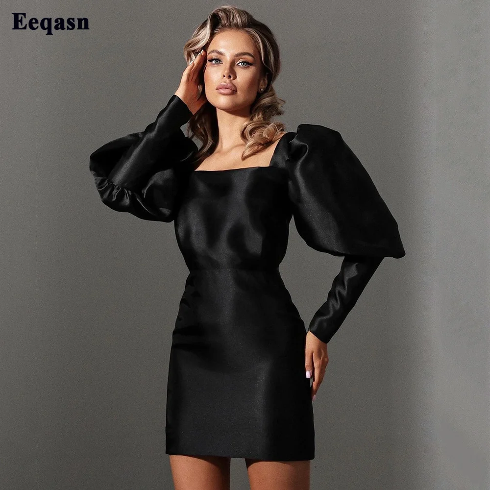 Eeqasn Silk Satin Schwarze Kurze Party Kleider Lange Ärmeln Platz Ausschnitt Über Dem Knie Mini Prom Kleid Formale Abendkleider Nach maß