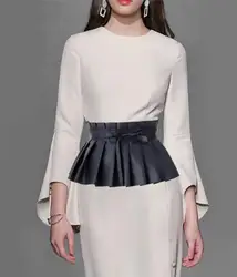 Fashion Spring Autumn Women Black Elegant Pleated Soft Faux Leather Wide Belt Self Tie Wrap Waistband Skirt Peplum Waist Belt