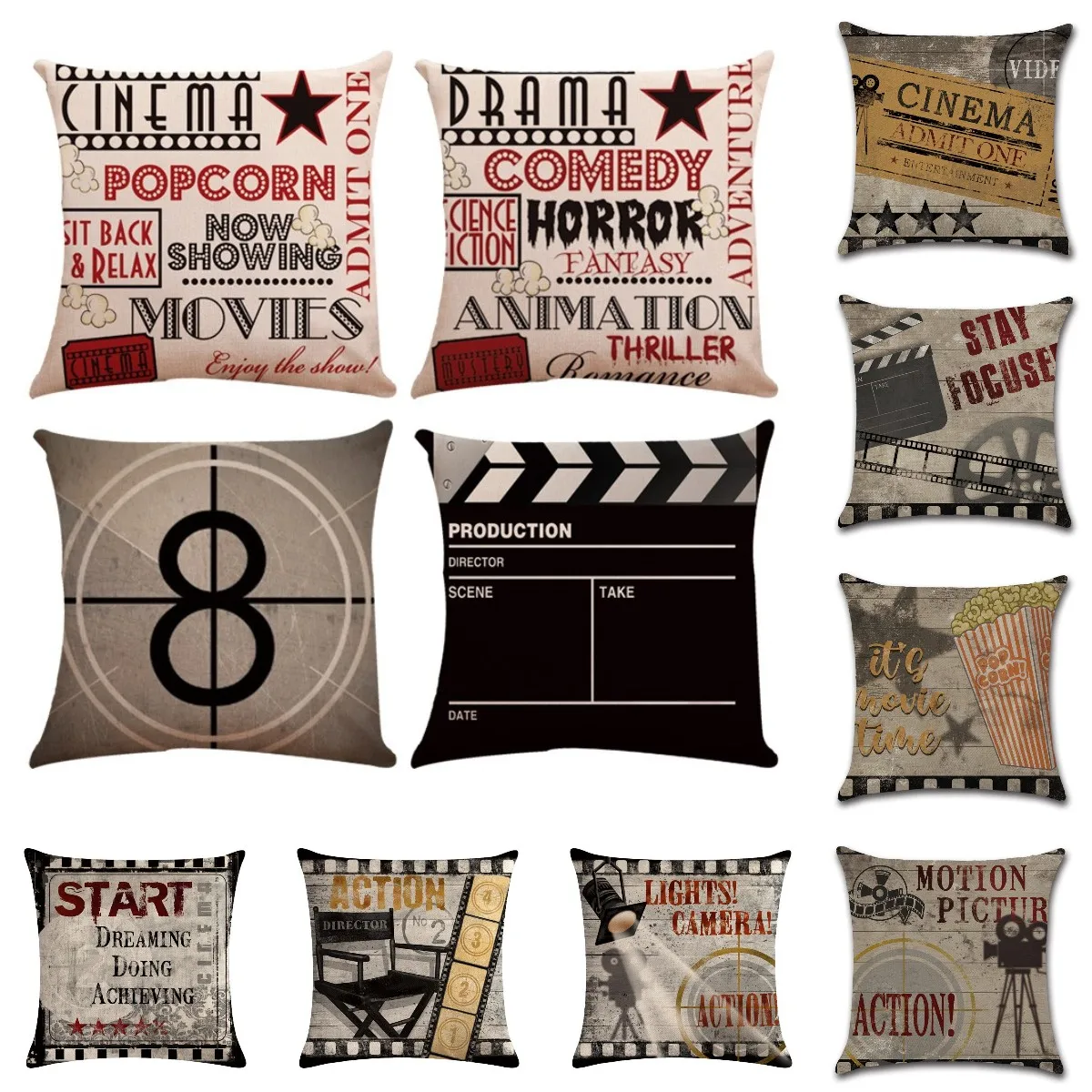 Hot Sale Vintage Movie Production Film Letters Cushion Cover Retro Cinema Linen Decorative Pillows Sofa Chair Throw Pillows Case