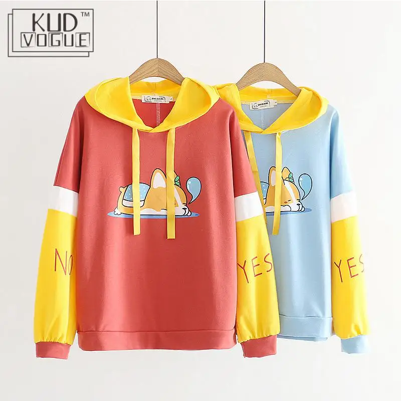 Kawaii Sweatshirts Women Girls Pullovers Sweet Teens Tops Cartoon Animal Corgi Dog Hooded Long-Sleeve Female Hoody Spring Autumn