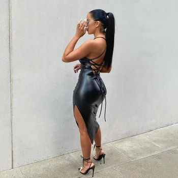 Women Sexy Suspender Mid-length Bodycon Dress Fashion Solid Color Leather Bandage Backless Skinny Split Dress For Female Mujer 3