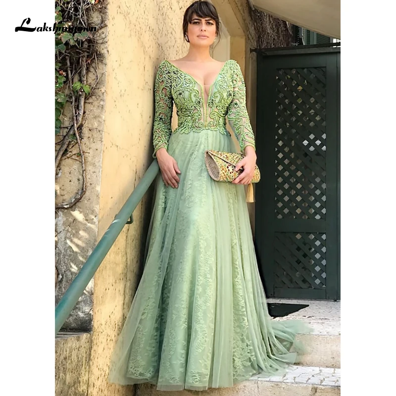 Emerald Long Sleeve Mother of the Bride Groom Dresses Floor Length Tulle with lace Appliques Vestido De Festa para mae da noiva