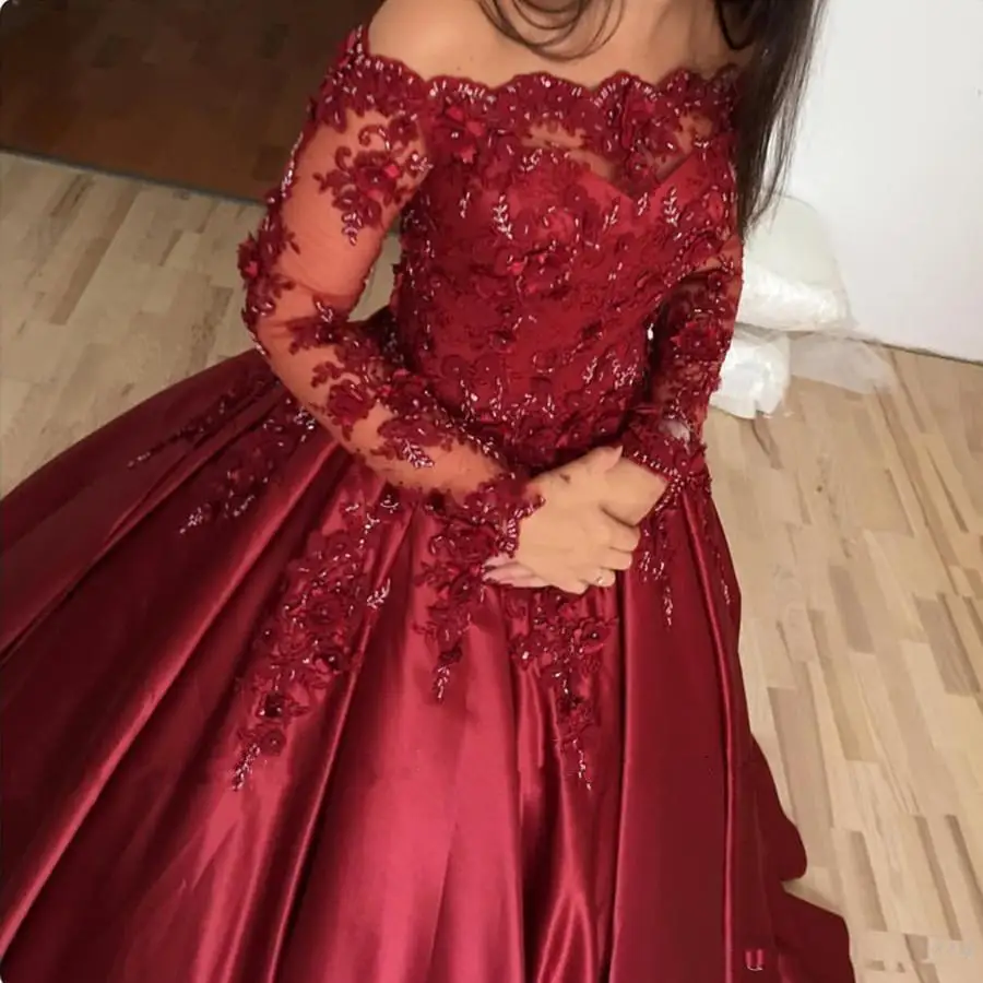 Vestido de novia Formal con hombros descubiertos, traje de boda de color rojo oscuro, Burdeos, manga larga, Apliques de encaje satinado, cuentas, talla grande, 2022