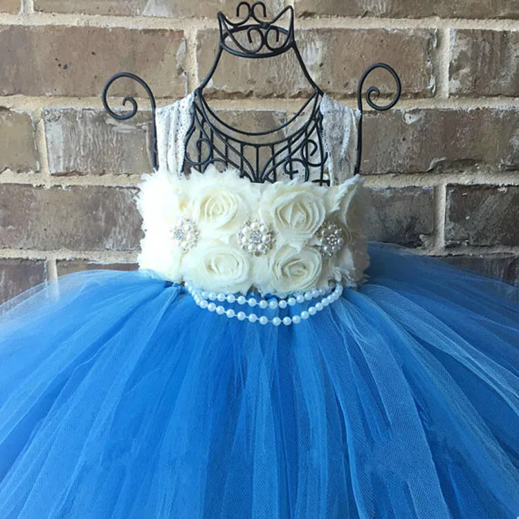 Girls Royal Blue Flowers Tutu Dress Kids Lace Straps Tulle Dress Pearl Ball Gown Children Birthday Party Banquet Costume Dresses