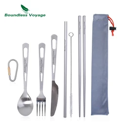Boundless Voyage-cuchara de titanio para acampar, tenedor, cuchillo, palillos, vajilla portátil de paja, Kit de cubiertos