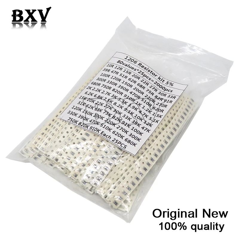 2000PCS 10Ohm-910K Ohm 1206 SMD Resistor Kit Assorted Set 5% 80Values*25PCS SMD Resistors 10K 470/100/680 Ohm Resistance Pack