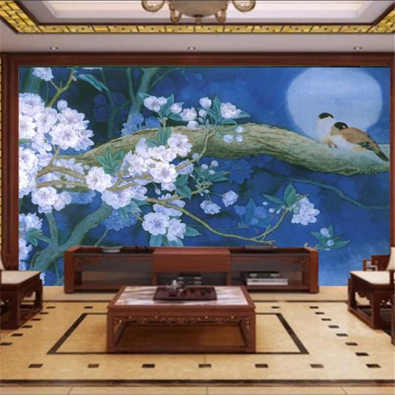 

wellyu Custom wallpaper 3d murals new Chinese blue hand-painted flowers and birds background wall papers home decor wall paper