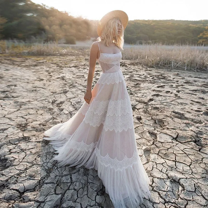 

Elegant Boho A-line Weeding Dress Spaghetti Straps Lace Up Back Sleeveless Formal Occasion customized