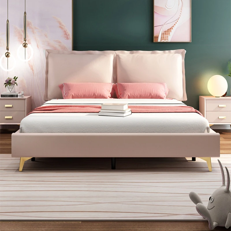 Light Luxury Girl Pink Bed Leather Art 1.8 Meters Large Bed Bedroom Small Apartment Simple Modern Nordic Children's Double Bed