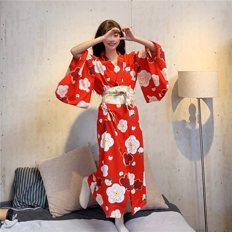 Kimono Japanese Style Clothing for Women Skirt Ladies Girls Red Floral Kimono Yukata Long Robe Loose Sexy Pajama Homewear Yukata