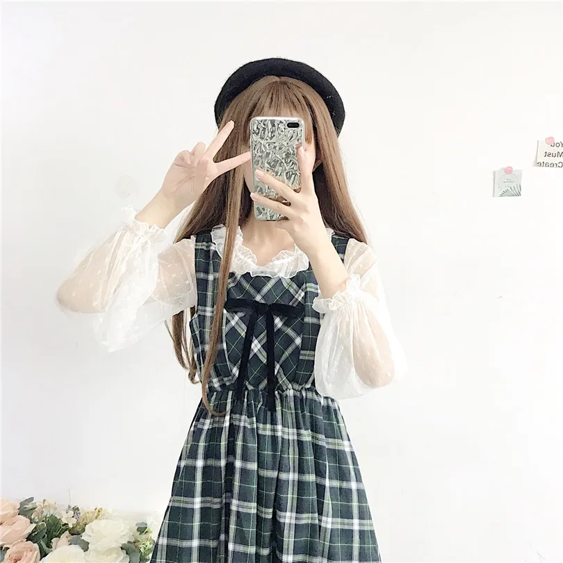 Japanische Student Süße Bowknot Krawatte Spitze Plaid Rüschen Ärmellose Weste Kleid Frauen Viktorianischen Hohe Taille Cosplay Cos Loli