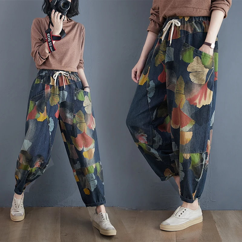 New Autumn Streetwear Jeans Woman 2020 Vintage Panelled Print Harajuku Pants Drawstring Loose Wide Leg Denim Jeans Boyfriend