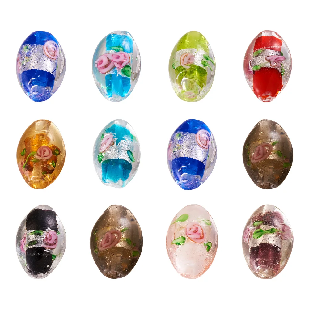 

100pcs Handmade Foil Glass Lampwork Beads Oval with Flower Loose Beads for Jewelry DIY Making Findings 16~17x9~11mm 10 Colors