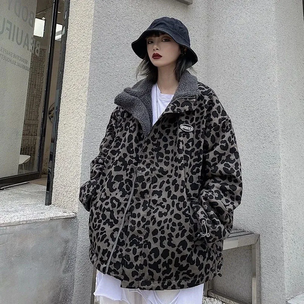 Leopard Print Women Faux Lamb Fur Japanese Style Kawaii Coat Teddy Fur Coat Parka Cropped Stripe Fleece Jacket Motorcycle Jacket