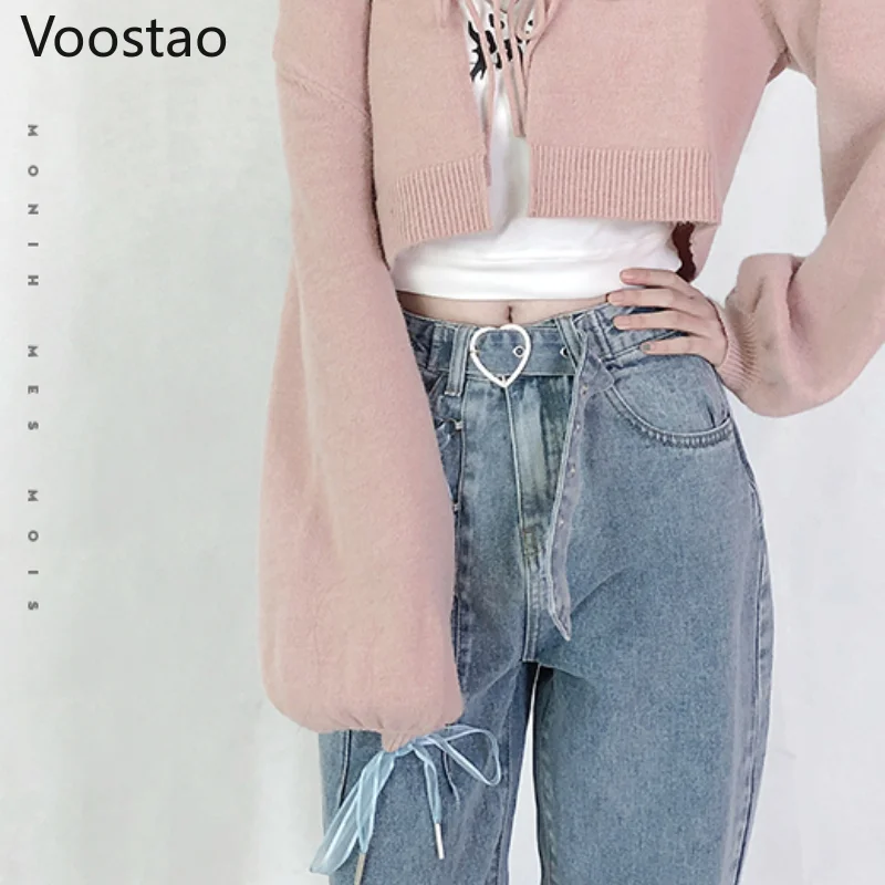 Sweet High Waist Jeans Women Chic Bandage Straight Denim Pants Gothic Streetwear Loose Trousers Female Wide Leg Jeans With Belt