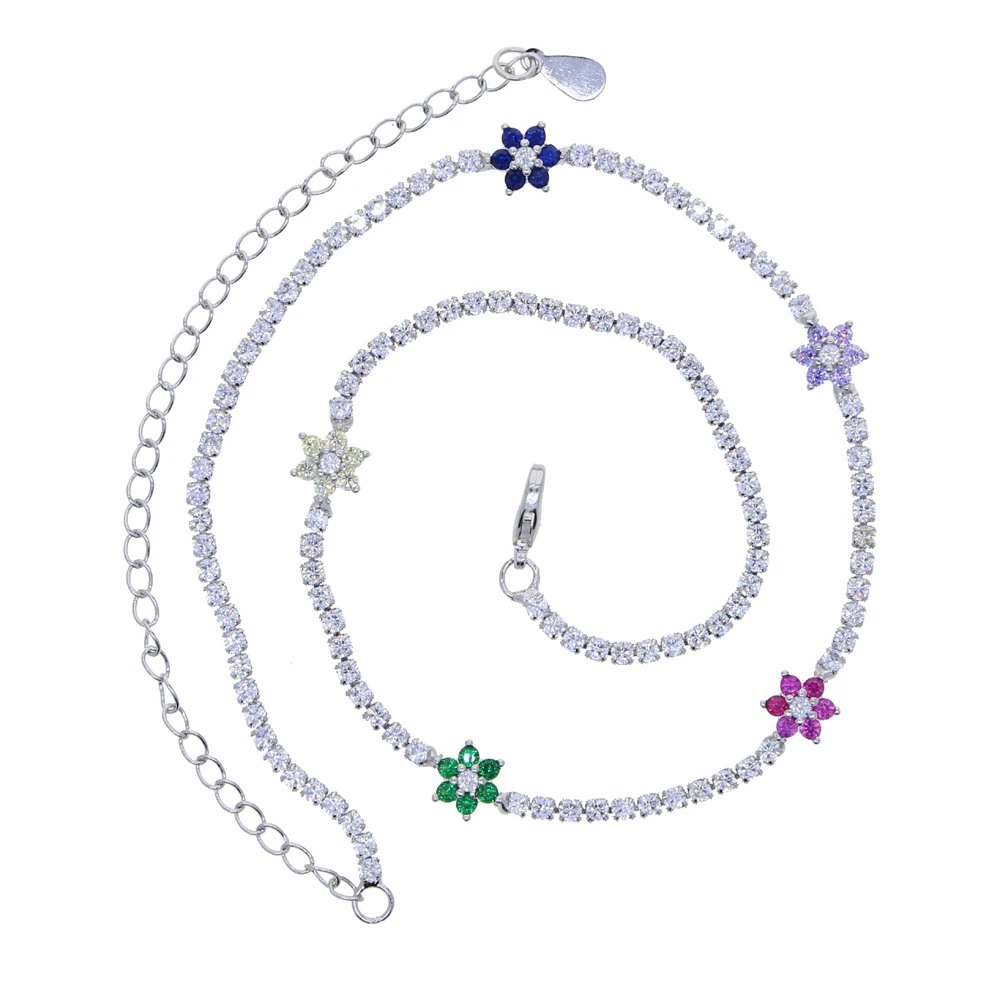 2025 Spring Colorful Rainbow Cubic Zirconia CZ Flower Charm Thin CZ Tennis Chain 32+10CM Fashion Women Choker Necklace