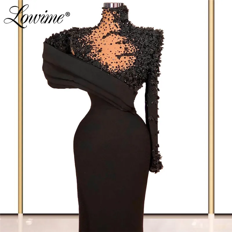 Lowime Black Evening Dresses 2021 Long Sleeve Beaded Flower Party Dress For Weddings Robe De Soirée De Mariage Mermaid Prom Gown