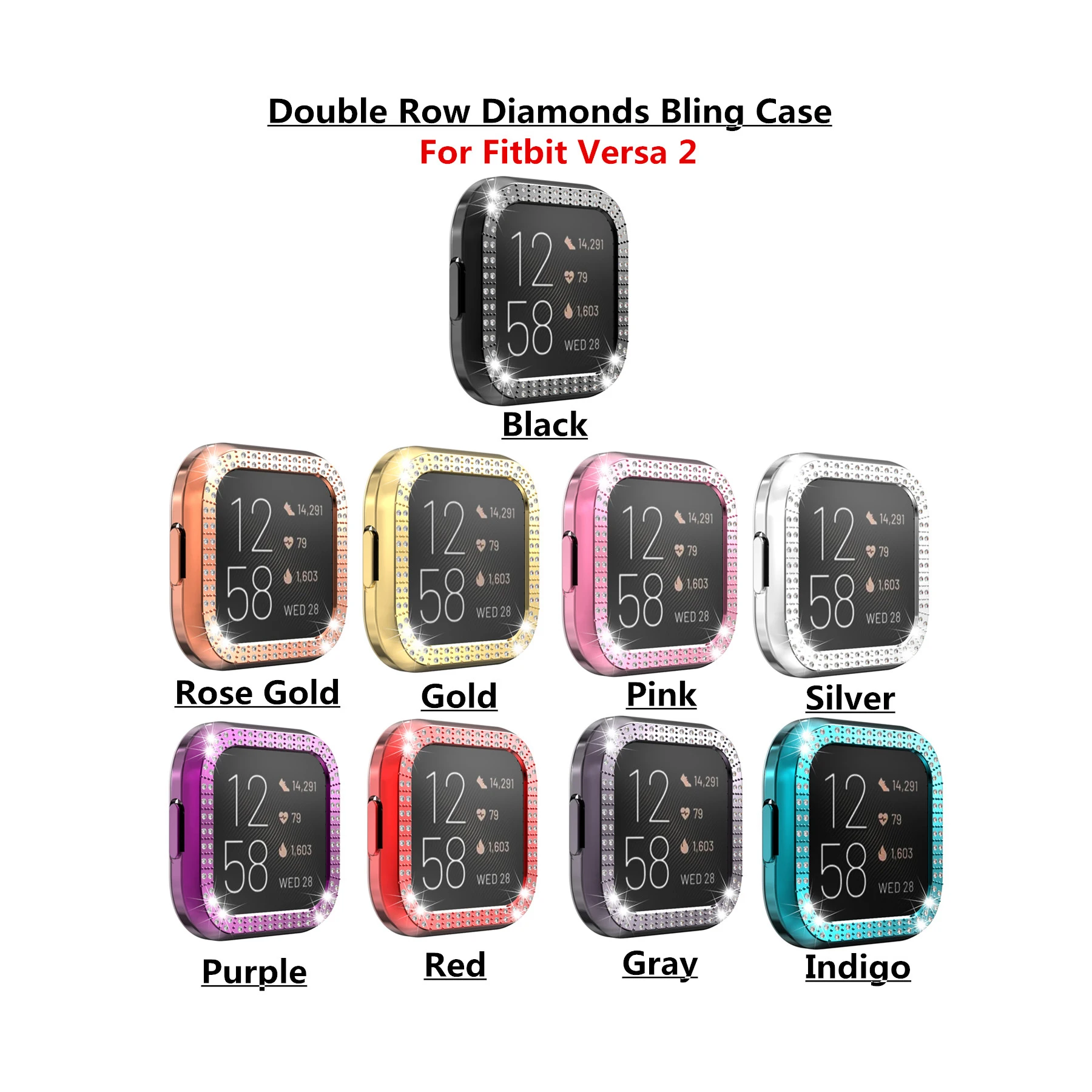 9Pack For Fitbit Versa 2 Screen Protector Bling Crystal Rhinestone Plated Frame Protective Bumper Shell PC Protective foil Cover